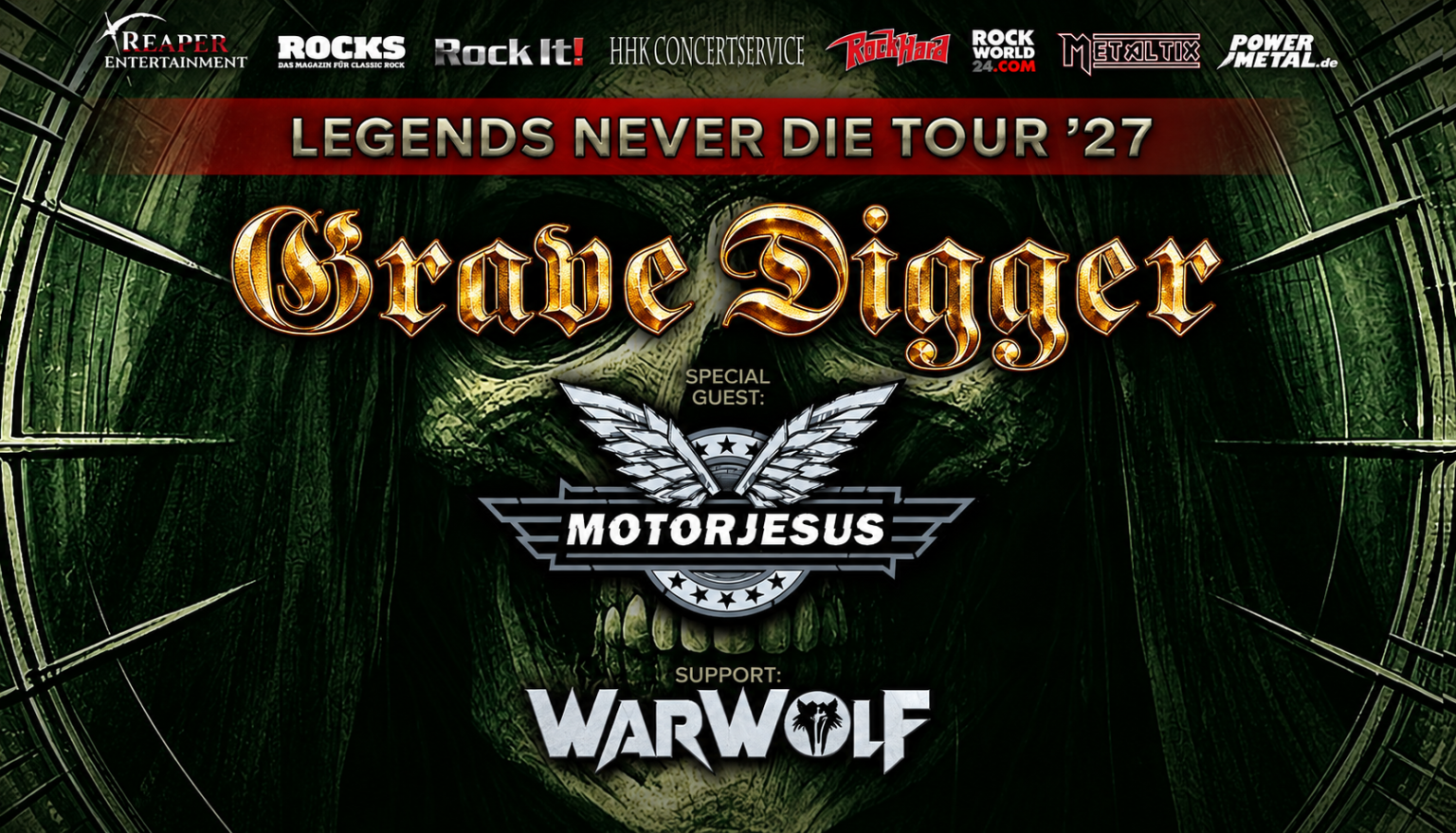 GRAVE DIGGER „Legends Never Die Tour 2027“ mit MOTORJESUS und WARWOLF